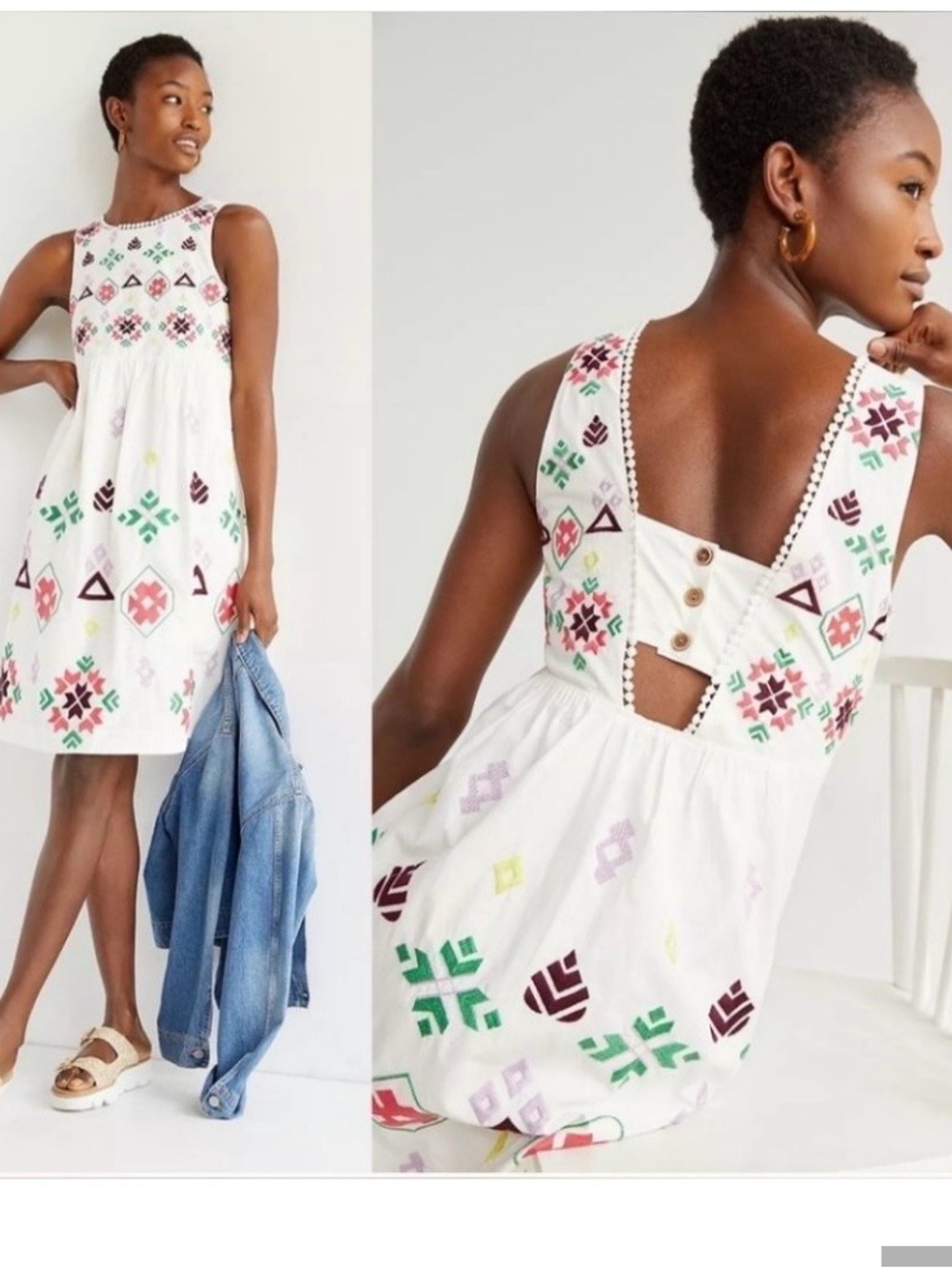 Anthropologie White Midi Dress with Multicolor Embroidered Geometric Print